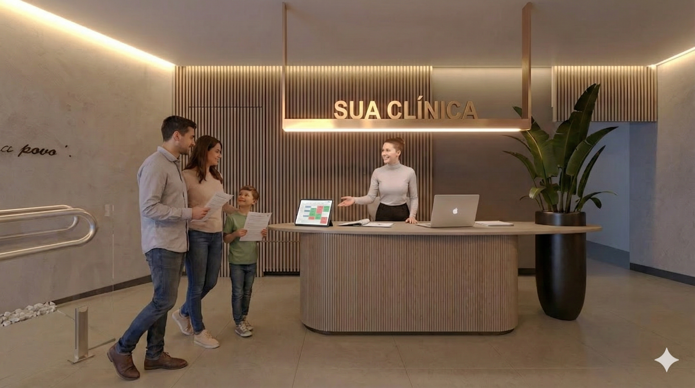 Secretária recebendo família agendada na clínica odontológica - Soluções IA Dental Flow para atendimento eficiente